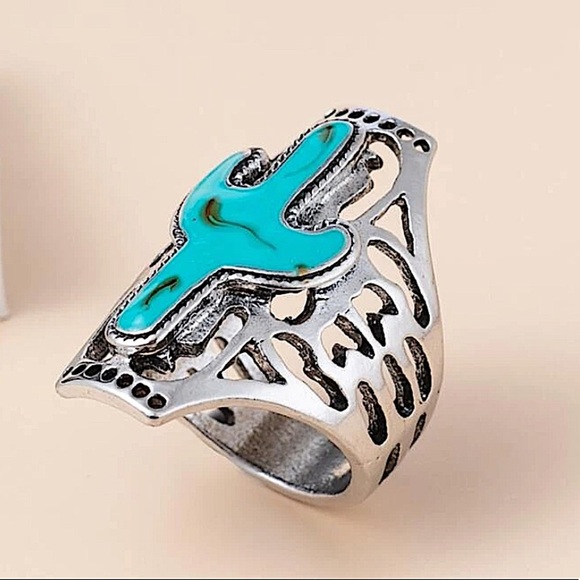 BOHO SILVER TURQUOISE CACTUS RING - Picture 2 of 3